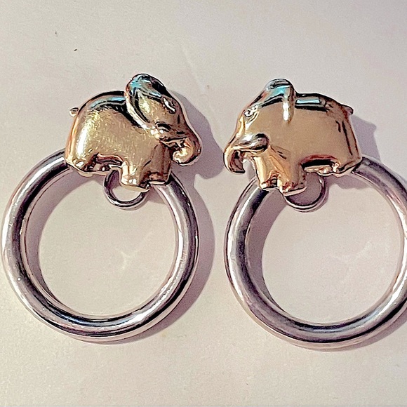 Solid 18K Yellow Gold Elephants Sterling Silver Hoops Vintage Omega Clips - Picture 4 of 7